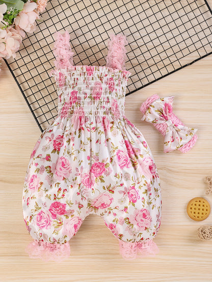 2pcs Baby Girl Summer Outfit Set - Sleeveless Smock Dress & Matching Hair Clips, Lightweight White & Blue Floral Romper, Non-Stretch Breathable Fabric for Photoshoots, Beach & Casual Attire (Hand Washable), Perfect for Outdoo