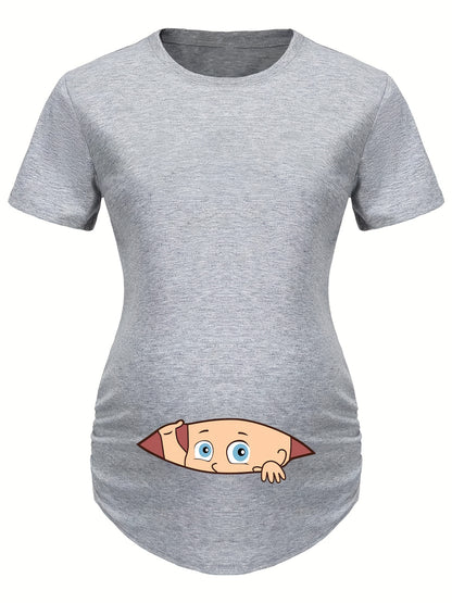 Letter Printed Short-sleeved Maternity Wear Black Maternity T-shirt With Big-eyed Baby Pattern