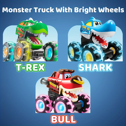 [3 Pack Monster Truck] 3 Pack Monster Truck Toy | Motion Activated Light-Up Cars For Toddlers - Monster Treads Lightning Wheels | Baby Toy Present - Press & Go Cars For Boys Girls Birthday Gifts Easter Basket Stuffer