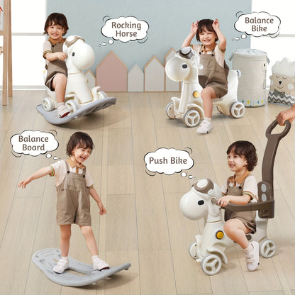 4-in-1 Rocking Horse Toy for Toddlers 1- (1+ Years) - Convertible Balance Bike, Ride-On Horse with Detachable Balance Board & Footrest, Push Handle & Guard Rails - Sturdy Construction, Smooth-Rolling Wheels - Ideal Birthday G