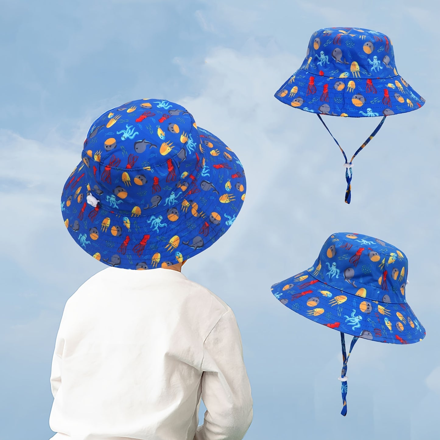 Baby Solid Color Animal Dinosaur Octopus Print Bucket Hat Sunscreen Wide Brim Beach Basin Hat For Girls And Boys