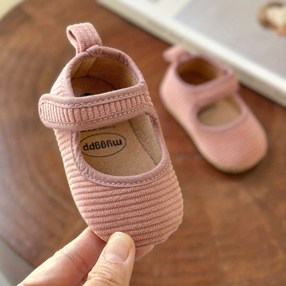 Newborn Baby Girls Geometric Patterned Corduroy Crib Shoes with Breathable TPR Sole, Hook-and-Loop Fastener and Spike Embellishment for All-Season Wear