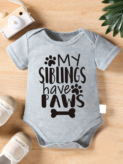 Infant Baby Boys "My Siblings Have Paws" Short Sleeve Onesie Clothes, Suitable For Indoor And Outdoor Wear