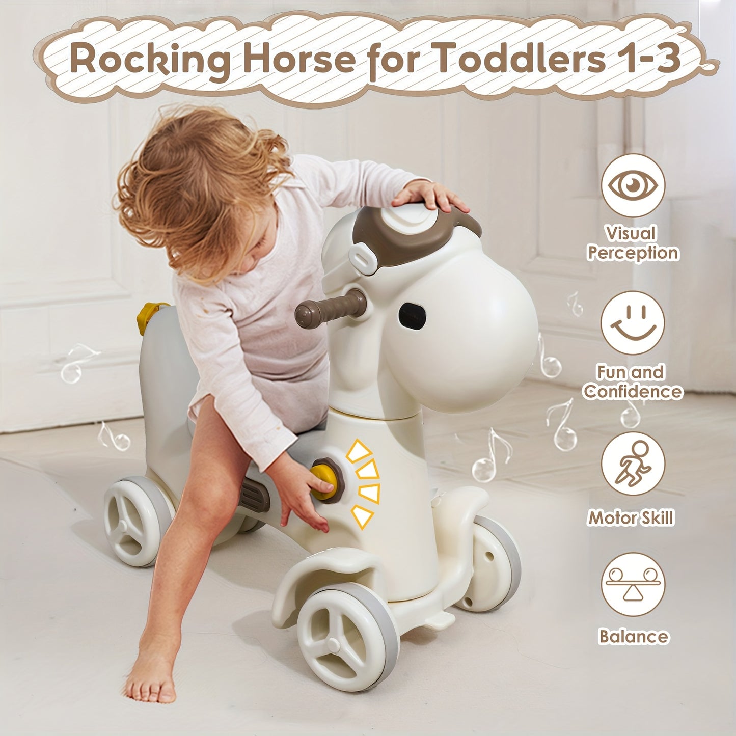 4-in-1 Rocking Horse Toy for Toddlers 1- (1+ Years) - Convertible Balance Bike, Ride-On Horse with Detachable Balance Board & Footrest, Push Handle & Guard Rails - Sturdy Construction, Smooth-Rolling Wheels - Ideal Birthday G