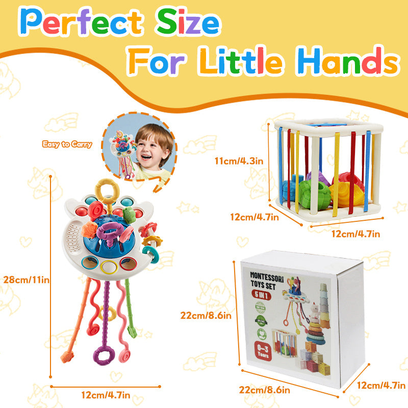 5-In-1 Baby Toy Collection - Soft Rubber Chew Toys, Cartoon Octopus Pull Toy, Stacking Toys, Ideal for Gifts for Babies Aged 6-18 Months, Christmas Gifts for Soothing Babies