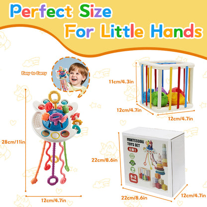 5-In-1 Baby Toy Collection - Soft Rubber Chew Toys, Cartoon Octopus Pull Toy, Stacking Toys, Ideal for Gifts for Babies Aged 6-18 Months, Christmas Gifts for Soothing Babies