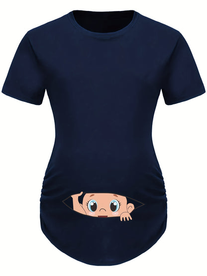 Letter Printed Short-sleeved Maternity Wear Black Maternity T-shirt With Big-eyed Baby Pattern