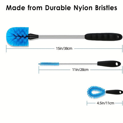 [3-in-1 Stainless Steel Brush] 3-in-1 Stainless Steel Water Bottle Brush Set | Long Handle Water Bottle Scrubbing Brush for Cleaning Narrow Neck Bottles, Sport Bottles, Baby Bottles, Coffee Mugs, Tumblers, Flask, Round Head