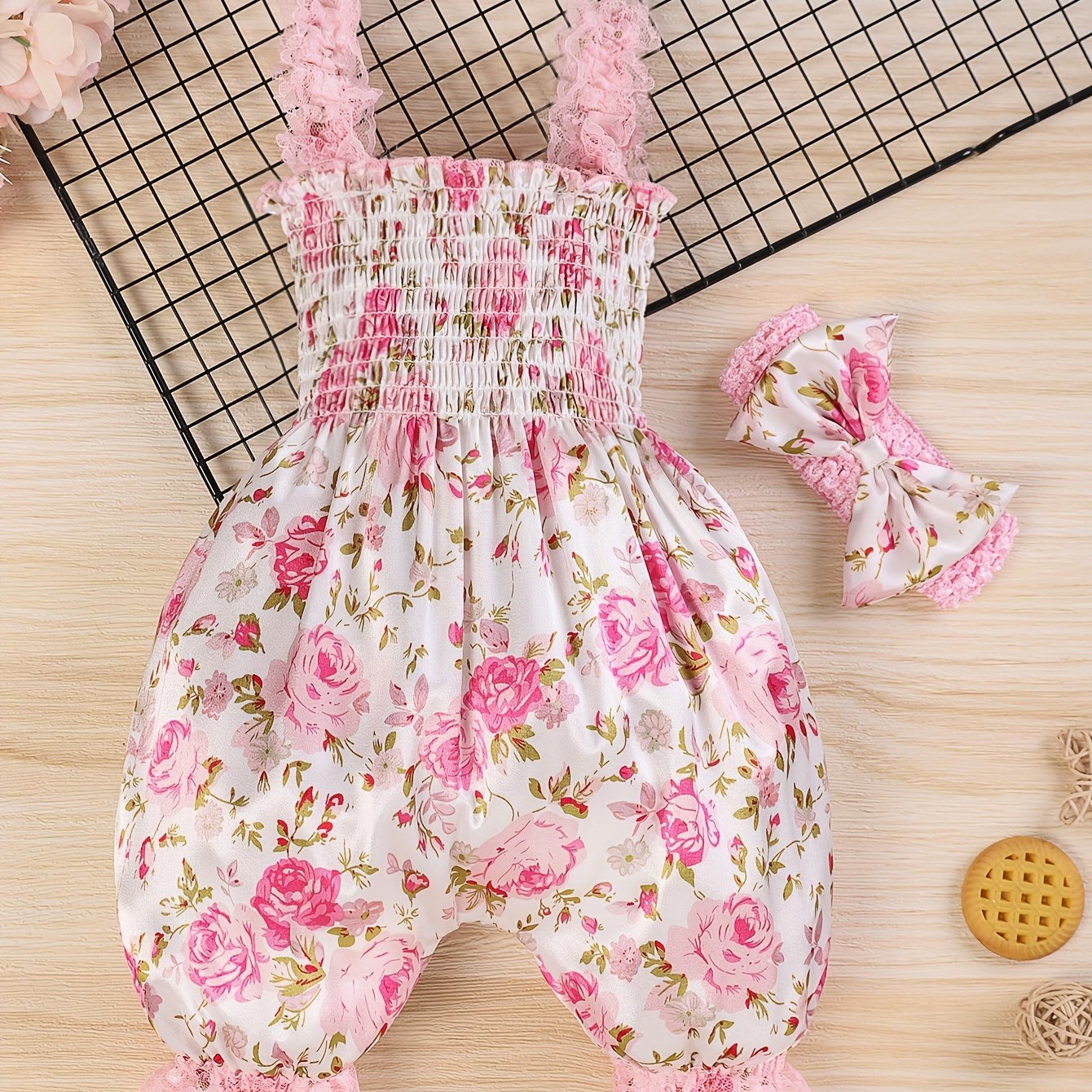 2pcs Baby Girl Summer Outfit Set - Sleeveless Smock Dress & Matching Hair Clips, Lightweight White & Blue Floral Romper, Non-Stretch Breathable Fabric for Photoshoots, Beach & Casual Attire (Hand Washable), Perfect for Outdoo