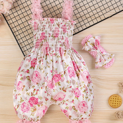 2pcs Baby Girl Summer Outfit Set - Sleeveless Smock Dress & Matching Hair Clips, Lightweight White & Blue Floral Romper, Non-Stretch Breathable Fabric for Photoshoots, Beach & Casual Attire (Hand Washable), Perfect for Outdoo