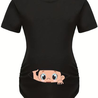 Letter Printed Short-sleeved Maternity Wear Black Maternity T-shirt With Big-eyed Baby Pattern